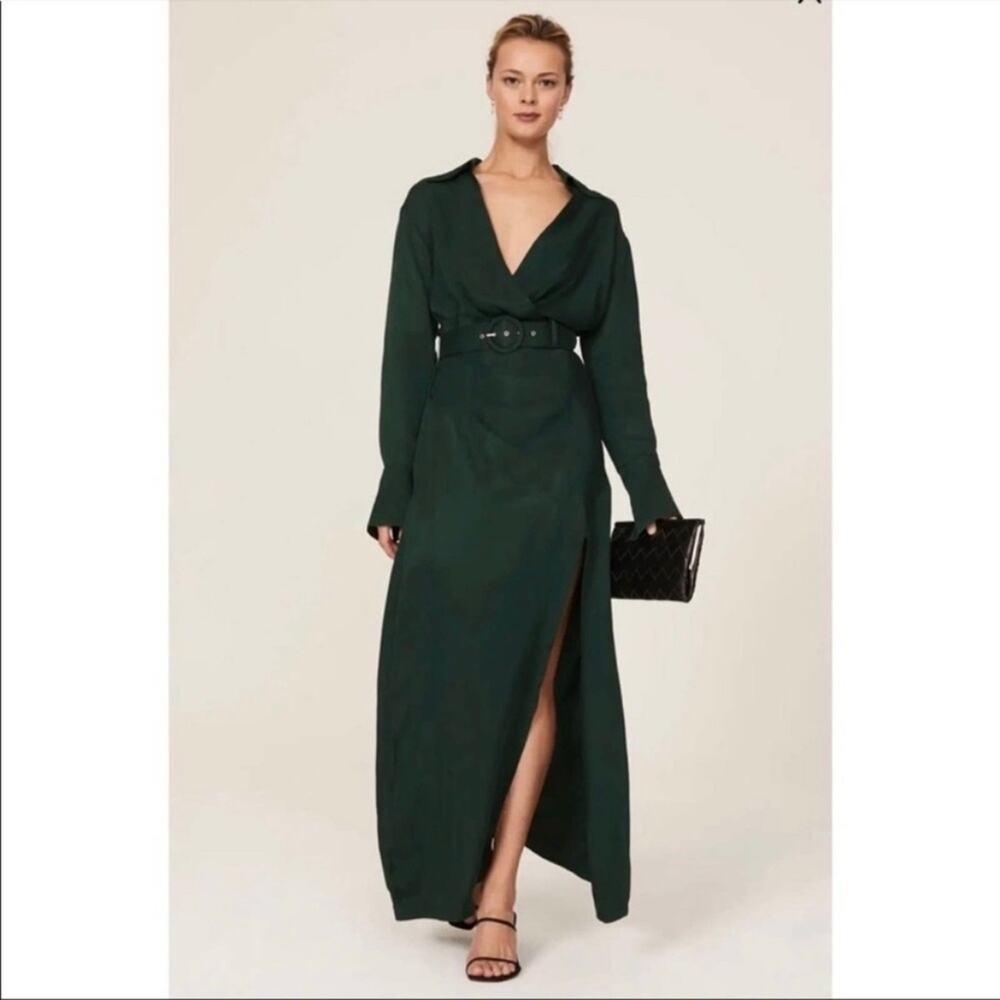 NICHOLAS Electra Forest Green Satin Long Sleeve Shirt Maxi Dress WOMENS US 6